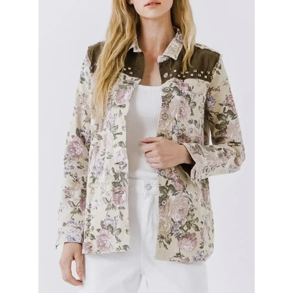 Anthropologie English Roses Woman  Floral Studded Denim Jacket, Size Med…